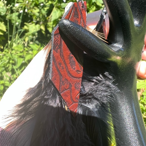 Black Feather Leather Sea Shell Statement Earrings - Picture 10 of 11